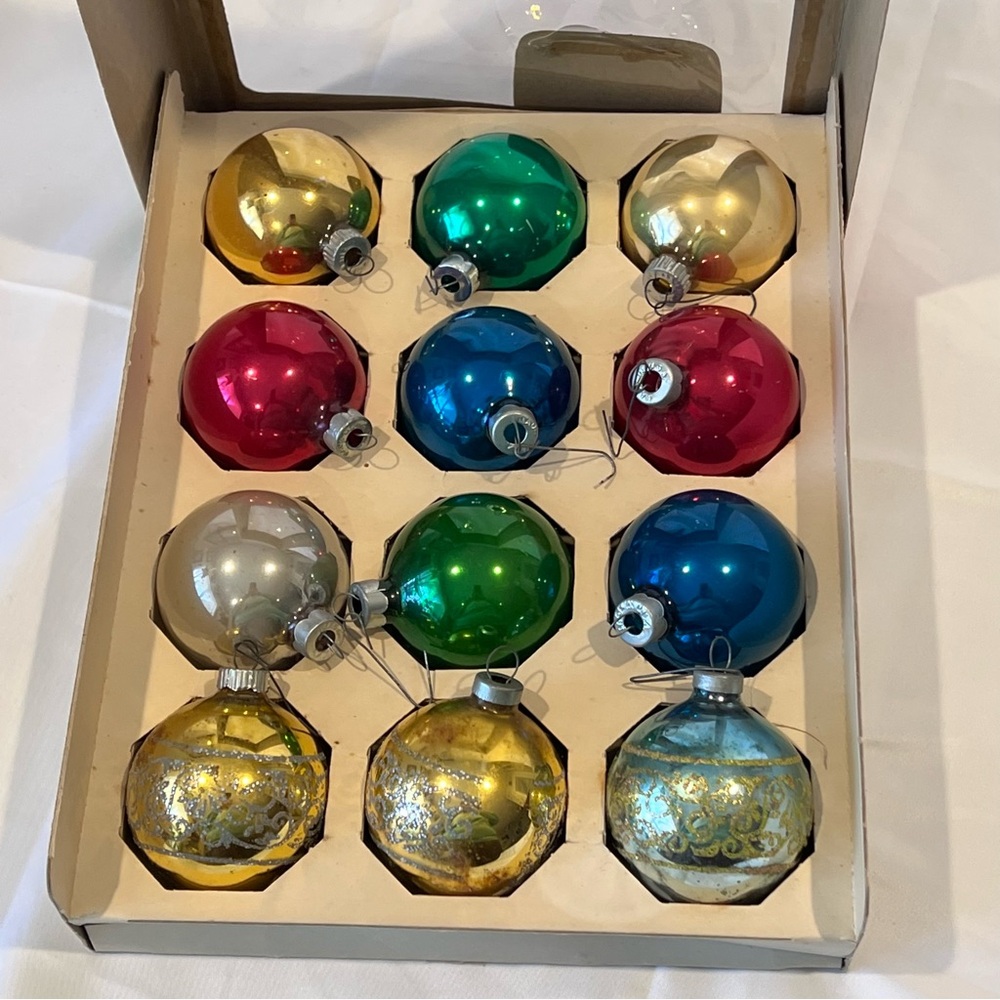 Shiny Brite Vintage Glass Christmas Ornaments Set 12 Mercury Boxed MCM